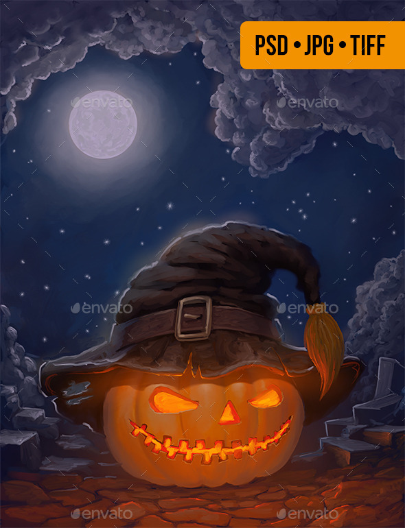Halloween Pumpkin in a Hat – Copyspace Background - Miscellaneous Backgrounds