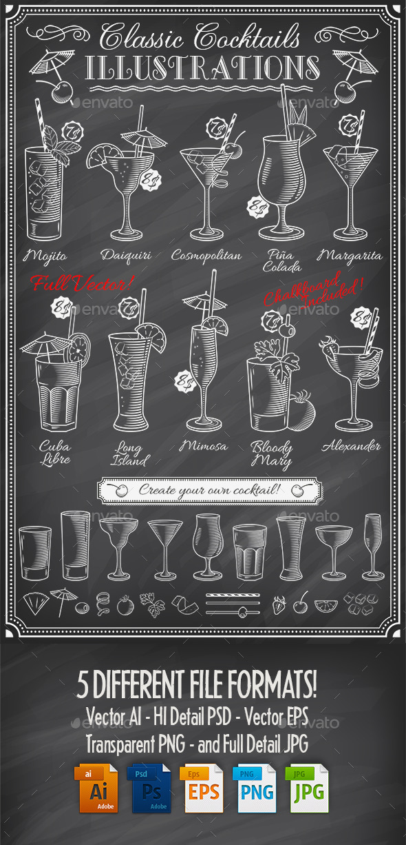 Chalkboard Cocktails Illustrations - Food Objects