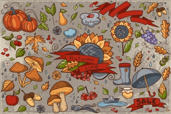 Big Set Of Colored Hand-drawn Doodles On Autumn Big Set Of Colored Hand-drawn Doodles On Autumn