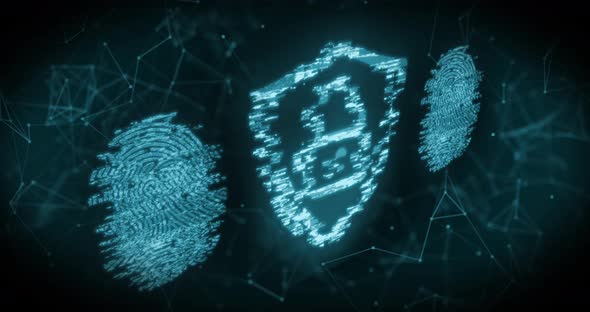 Fingerprint scanner and security padlock icon against network of connections alt