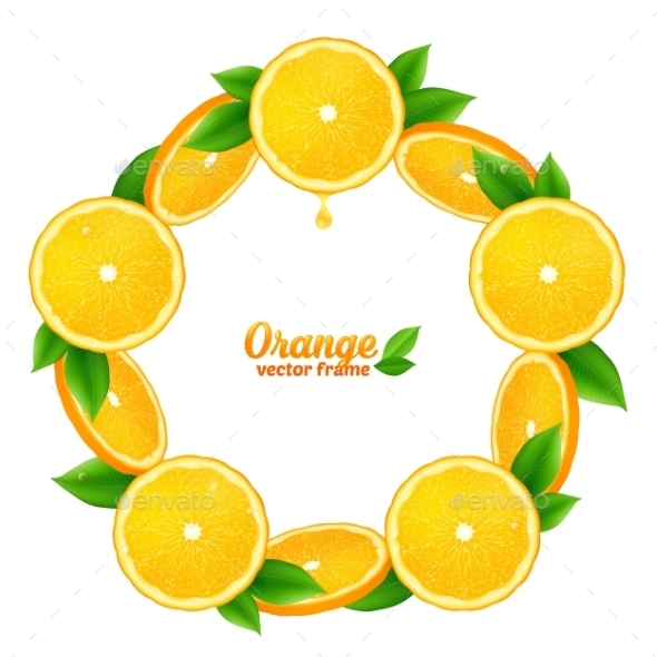 Orange Juicy Slices With Leaves Vector Round Frame