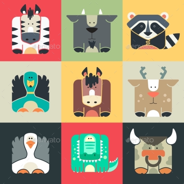 Set Flat Square Icons Of a Cute Animals Set Flat Square Icons Of a Cute Animals
