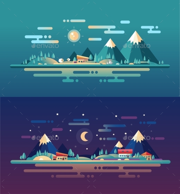 Set Of Modern Flat Design Conceptual Landscapes Set Of Modern Flat Design Conceptual Landscapes