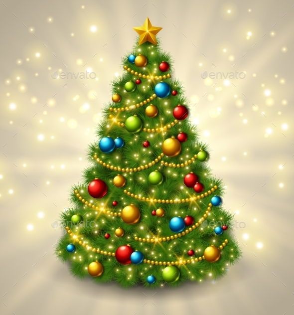 Christmas Tree With Colorful Baubles And Gold Star - Christmas Seasons/Holidays