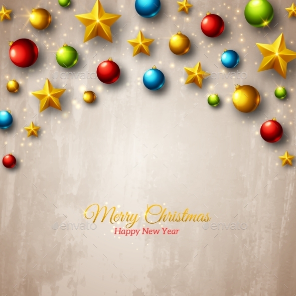 Christmas Colorful Balls And Golden Stars On Christmas Colorful Balls And Golden Stars On
