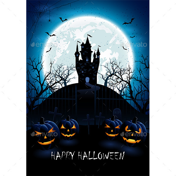 Blue Halloween Background with Castle and Pumpkins Blue Halloween Background with Castle and Pumpkins