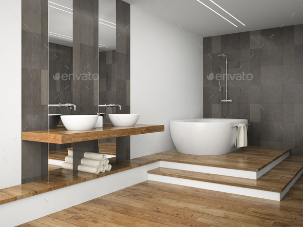Interior of  bathroom with wooden floor 3D rendering - Stock Photo - Images