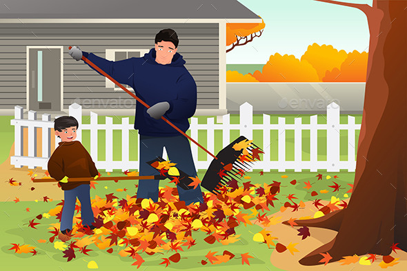 Father and Son Raking Leaves in the Yard During Father and Son Raking Leaves in the Yard During