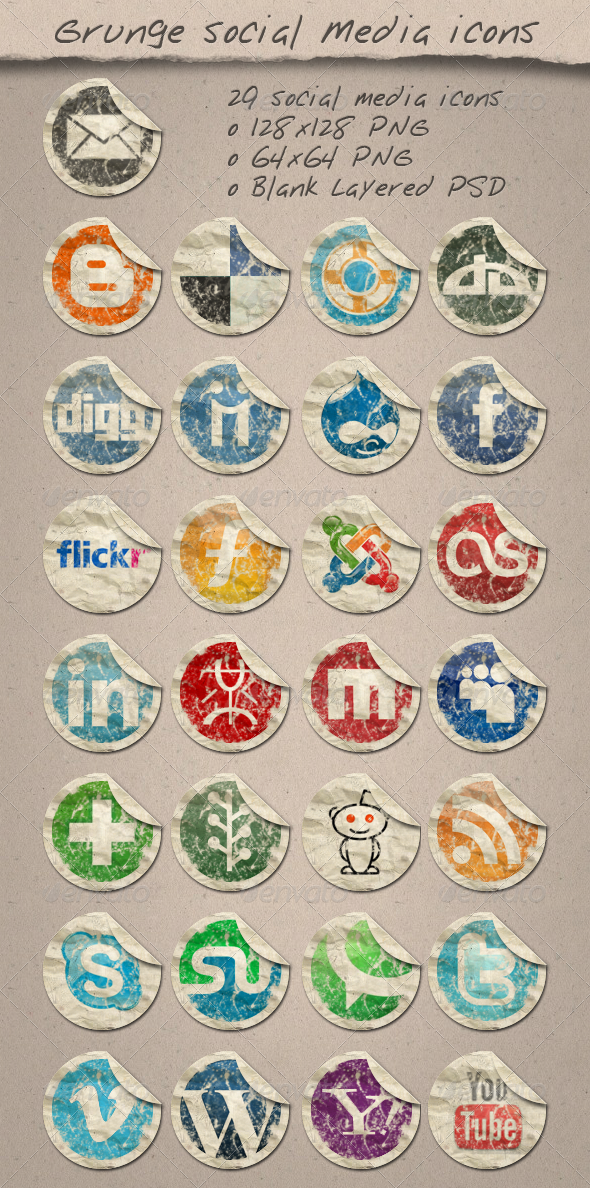 29 Grunge Paper Social Media Icons - Web Icons