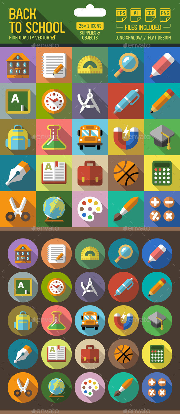 Back to School Flat Icons with Long Shadow Back to School Flat Icons with Long Shadow