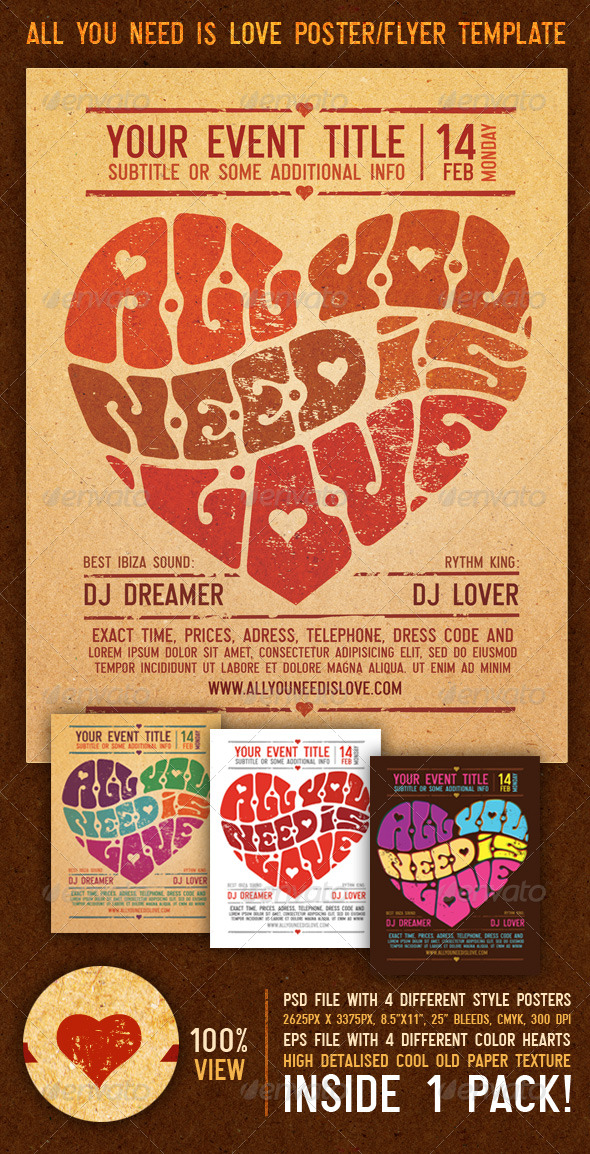 All You Need Is Love Vintage Poster/Flyer Template, Print Templates