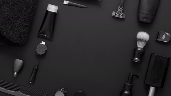 Men Beauty and Health Concept. Various Shaving and Bauty Care Accessories Placed on Black Background alt