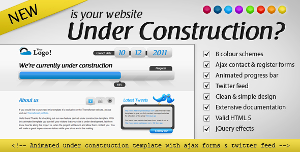Animated Under Construction - Twitter & Ajax forms by ThemeCatcher