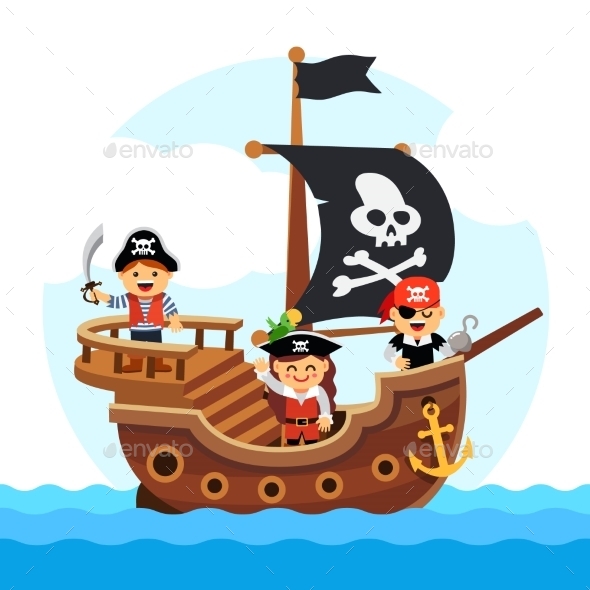 Cartoon Kids Pirate Ship Sailing Sea - People Characters