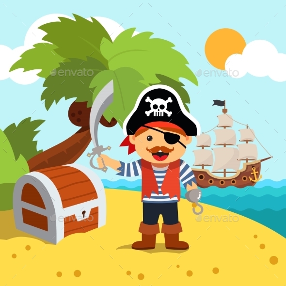 Pirate Captain on Island Shore with Treasure Chest - Backgrounds Decorative