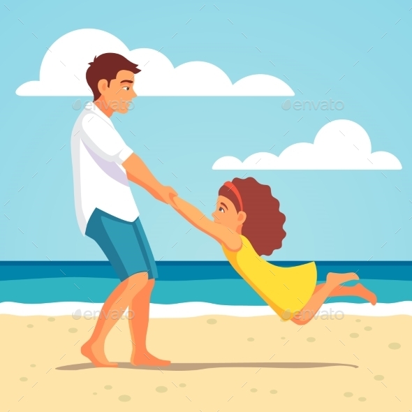 Father Playing with Daughter on the Beach - People Characters