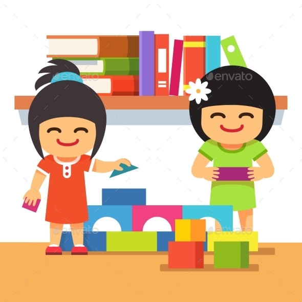 Children Playing Building Tower Together - People Characters