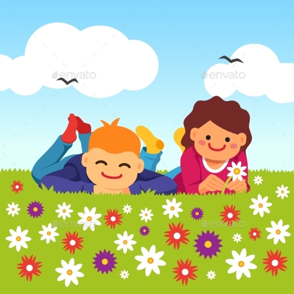 Happy Kids Laying on Meadow Field Grass - People Characters