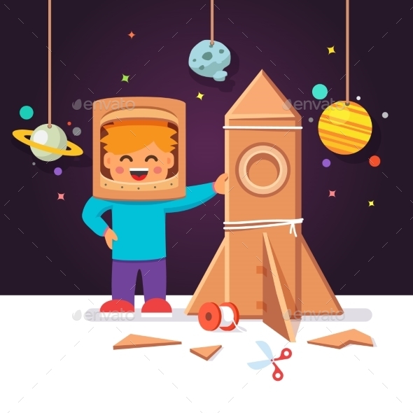 Kid Making Cardboard Box Rocket - Travel Conceptual