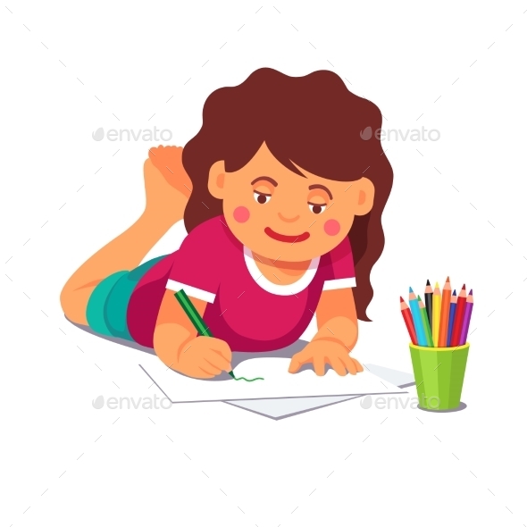 Girl Drawing with Pencils Lying on the Floor - People Characters