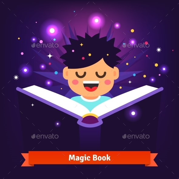 Boy Kid Reading Magic Spell Book as it Glows - Miscellaneous Conceptual
