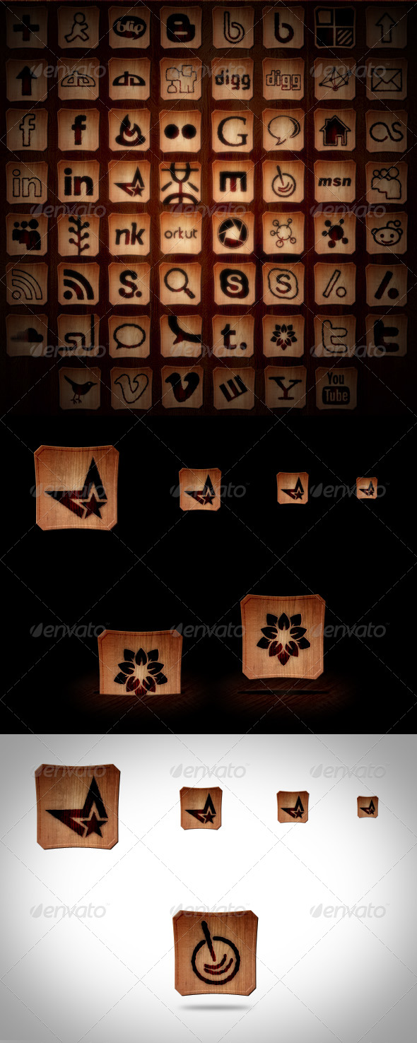 45+ Social Media Icons - Burned Wood - Web Icons
