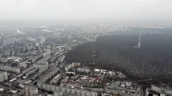 Aerial Kharkiv city, Pavlove Pole, foggy forest