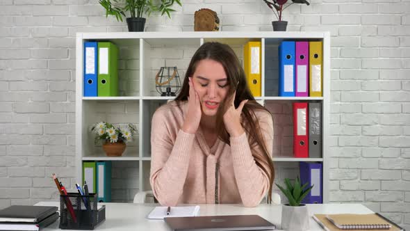 Nervous woman patient with panic attack talk doctor online remote webcam laptop alt