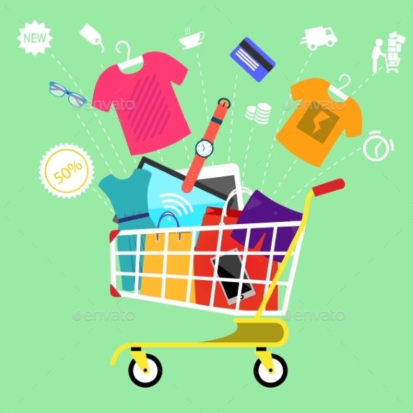 Shopping Cart With Goods - Retail Commercial / Shopping