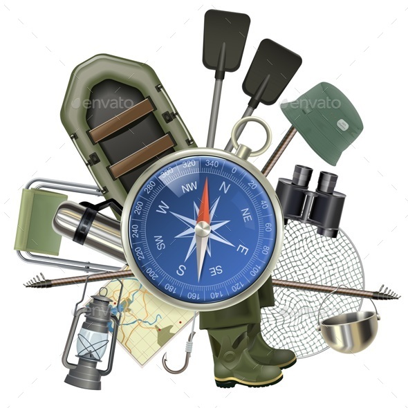 Vector Fishing Tackle with Compass - Sports/Activity Conceptual