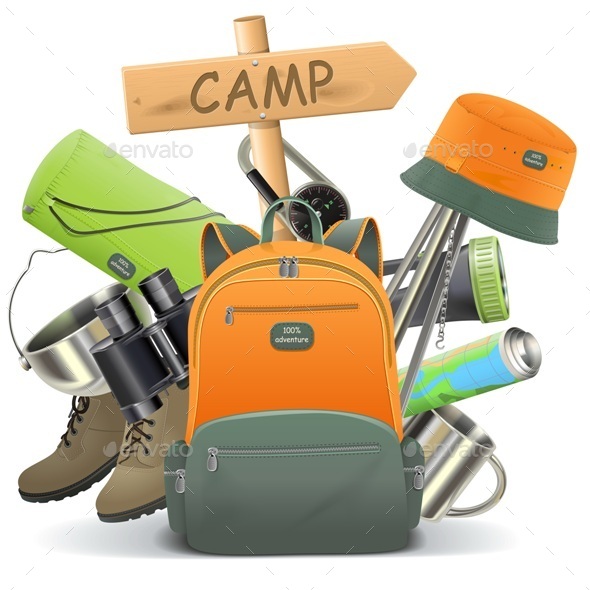 Vector Camping Concept with Backpack - Travel Conceptual