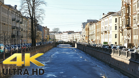 Thin Ice on Moyka River in St.Petersburg, Russia