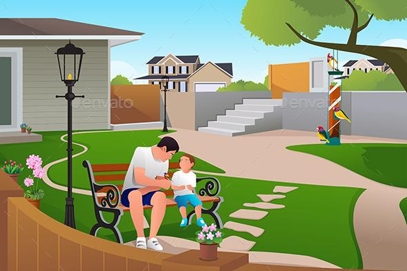 Father Son Playing with Birds - People Characters
