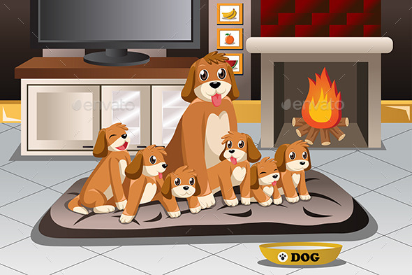 Mother Dog with Her Little Puppies - Animals Characters