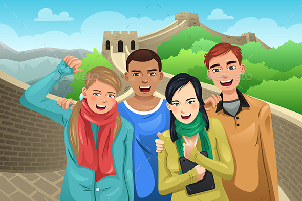 Tourists Posing in Great Wall of China - Travel Conceptual