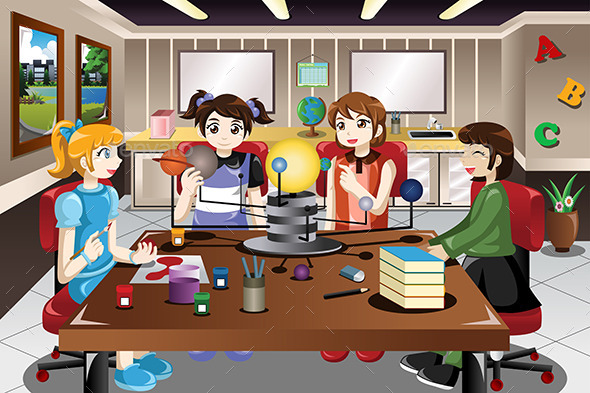 Student Working on Solar System Project - People Characters