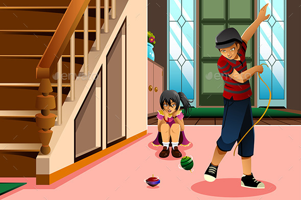 Kids Playing Spinning Top - People Characters
