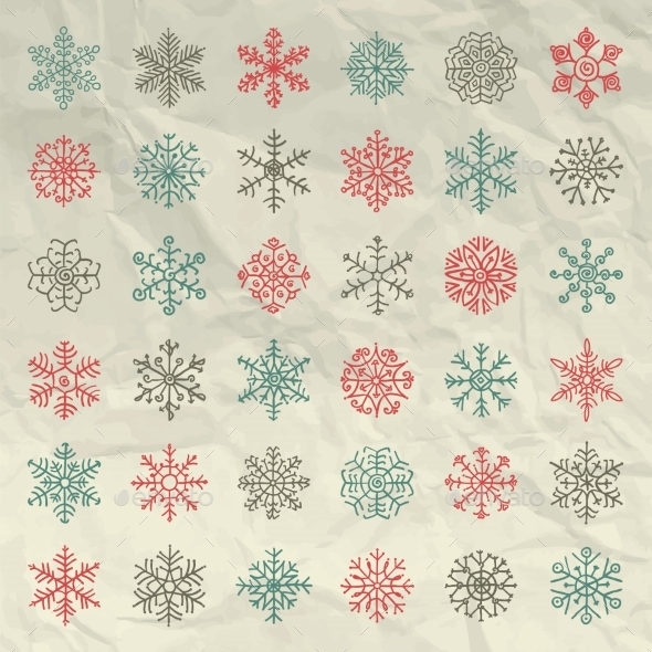 Winter Snow Flakes Doodles On Crumpled - Decorative Symbols Decorative