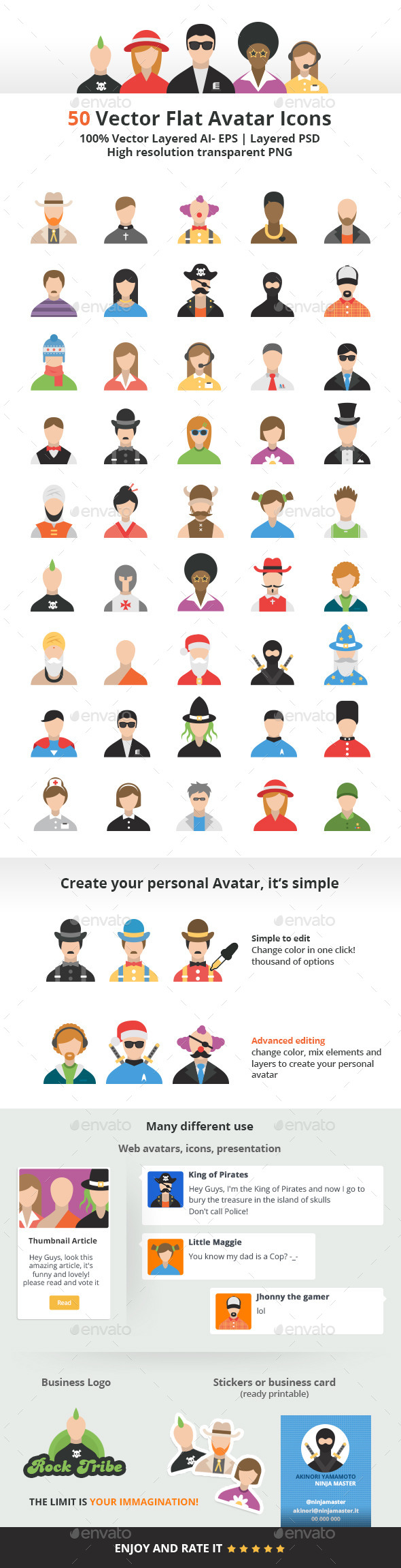 50 Vector Flat Avatars Icons - People Characters