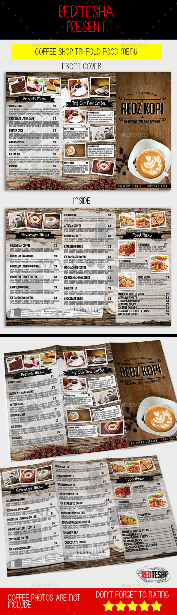 Coffee Shop Tri-fold Menu - Food Menus Print Templates