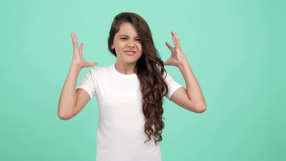 Sick and Tired Kid Long Curly Hair with Angry Face Shouting Having Headache Stress alt