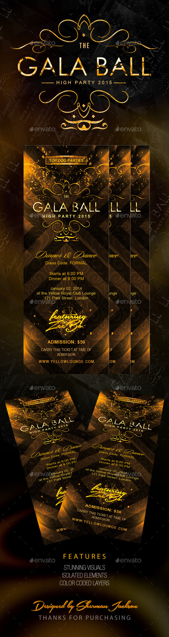 Golden Gala Deluxe Ballroom Party Tickets / Passes - Miscellaneous Print Templates