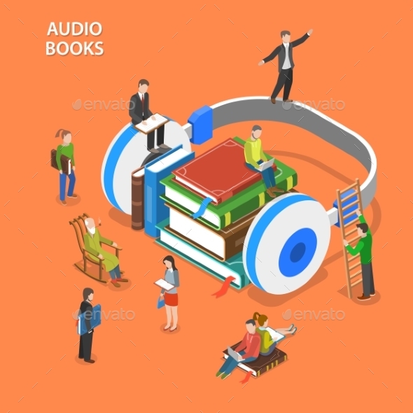 Audio Books Isometric Flat Vector Concept - Media Technology