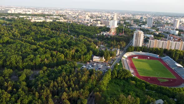 Aerial Kharkiv city center cityscape with stadium