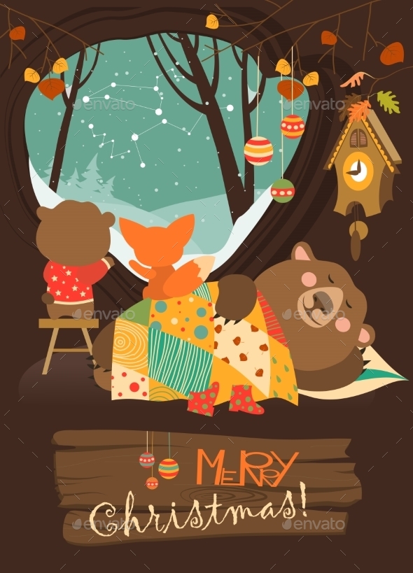 Bear and Little Fox Watching Snow from Den Bear and Little Fox Watching Snow from Den