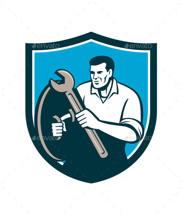 Mechanic Brandishing Spanner Wrench Shield Retro - People Characters