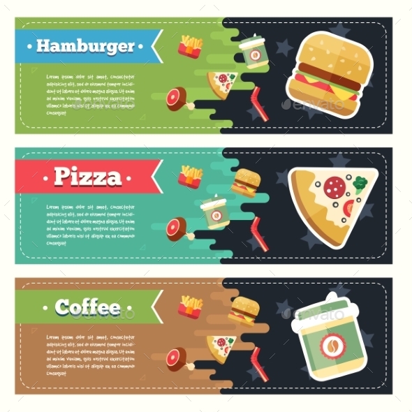 Vector Concept Fast Food Flat Banner Set. - Animals Characters