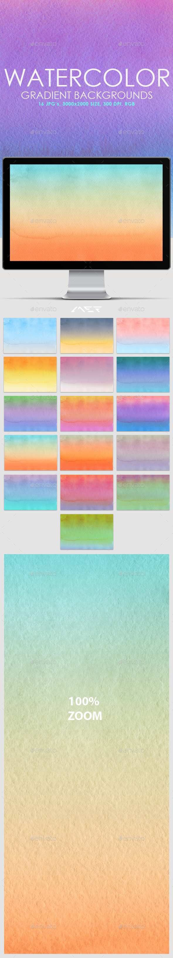 16 Watercolor Gradient Backgrounds - Backgrounds Graphics