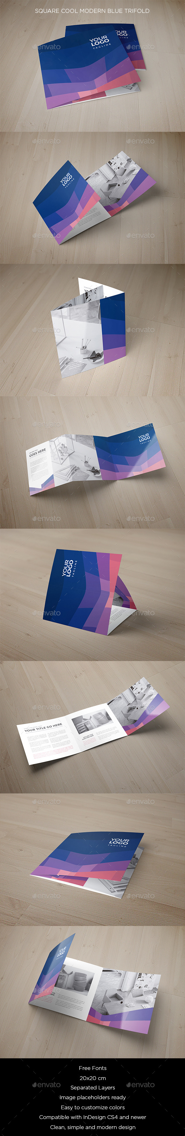 Square Cool Modern Blue Trifold - Brochures Print Templates
