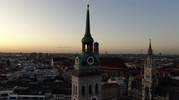 Drone Flight Around St. Peter's Church In Munich